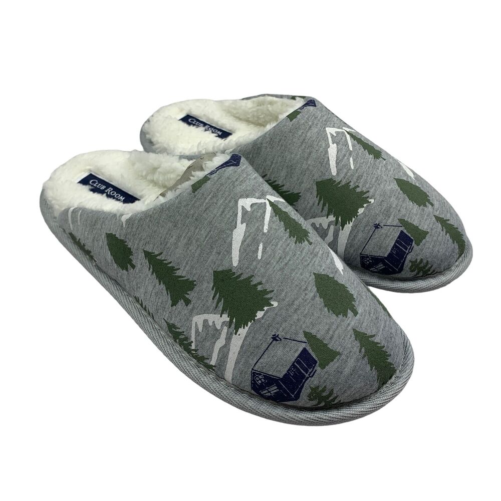 Club Room Mens Winter Forest Print Fleece Lined Slippers Gray 6-7 - Picture 1 of 5
